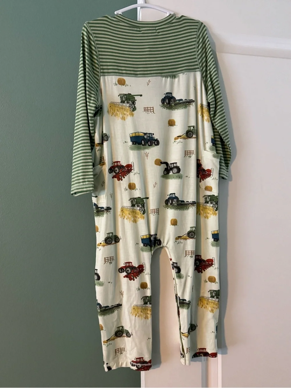 Angel Dear Green Striped & Cream Tractor Print Romper